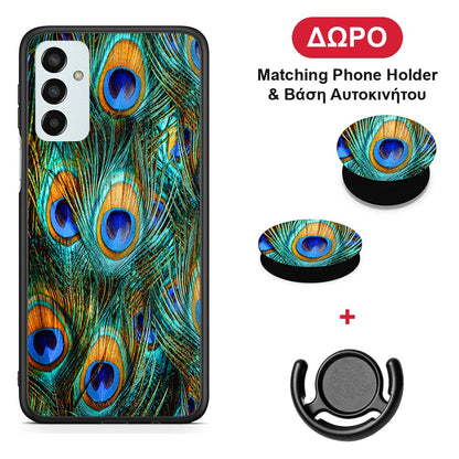 Real Peacock Feathers - Samsung Galaxy M23 / F23 θήκη + Δώρο Phone Holder & Βάση Αυτοκινήτου