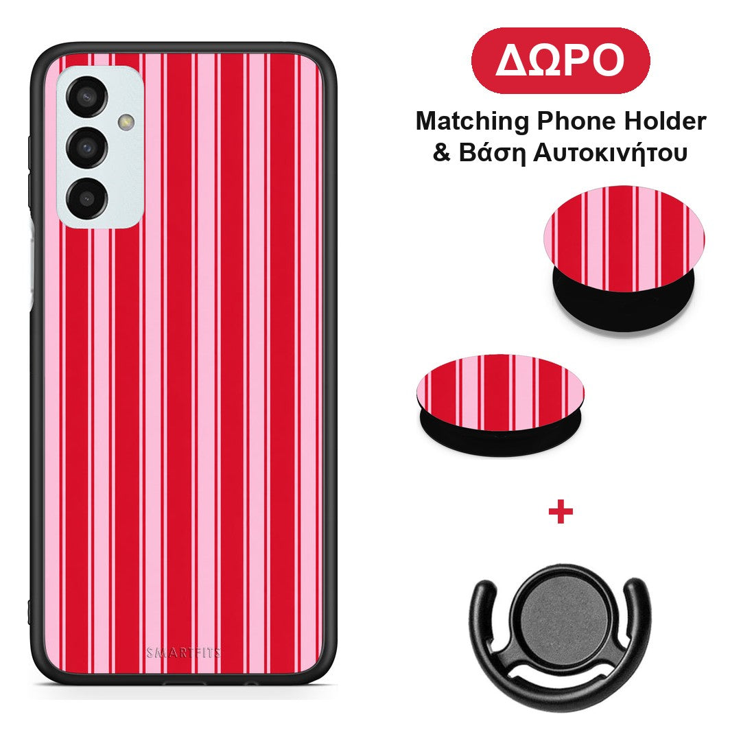 Red and Pink Vertical Pinstripes - Samsung Galaxy M23 / F23 θήκη + Δώρο Phone Holder & Βάση Αυτοκινήτου