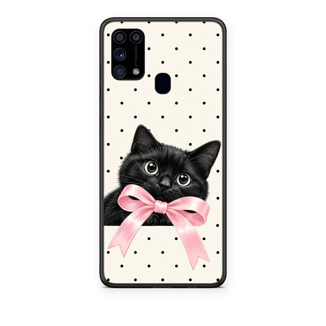 Θήκη Samsung Galaxy M31 Black Kitten Pink Bow and Polka Dots από τη Smartfits με σχέδιο στο πίσω μέρος και μαύρο περίβλημα | Samsung Galaxy M31 Black Kitten Pink Bow and Polka Dots case with colorful back and black bezels