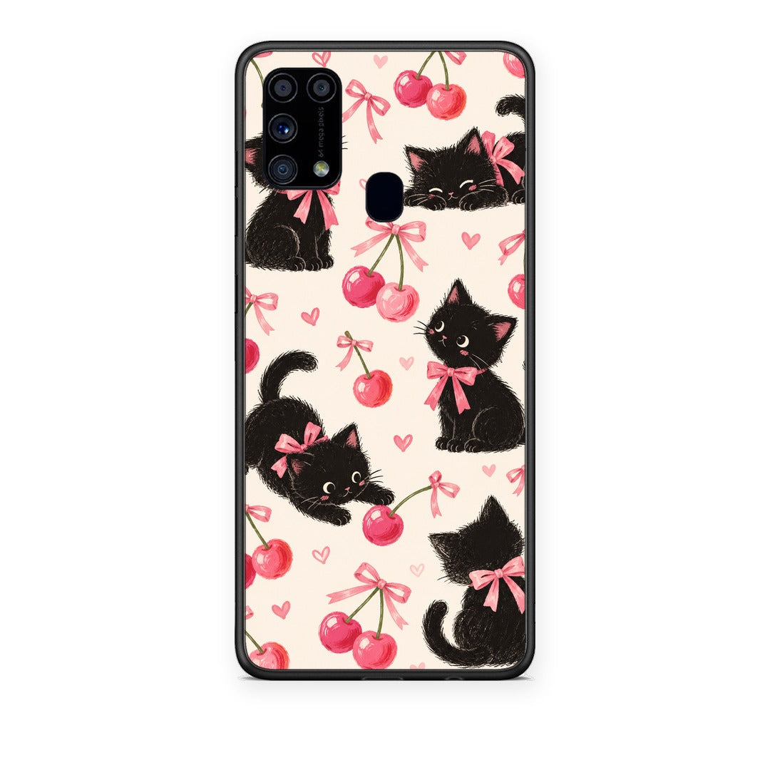 Θήκη Samsung Galaxy M31 Black Kittens and Cherries on Cream από τη Smartfits με σχέδιο στο πίσω μέρος και μαύρο περίβλημα | Samsung Galaxy M31 Black Kittens and Cherries on Cream case with colorful back and black bezels