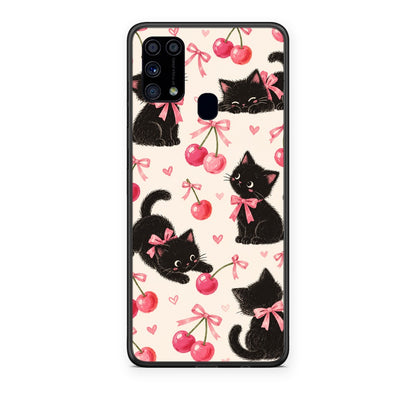 Θήκη Samsung Galaxy M31 Black Kittens and Cherries on Cream από τη Smartfits με σχέδιο στο πίσω μέρος και μαύρο περίβλημα | Samsung Galaxy M31 Black Kittens and Cherries on Cream case with colorful back and black bezels