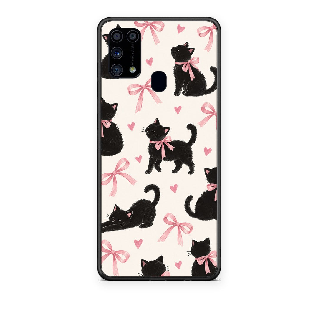 Θήκη Samsung Galaxy M31 Black Kittens and Pink Bows on Cream Large από τη Smartfits με σχέδιο στο πίσω μέρος και μαύρο περίβλημα | Samsung Galaxy M31 Black Kittens and Pink Bows on Cream Large case with colorful back and black bezels