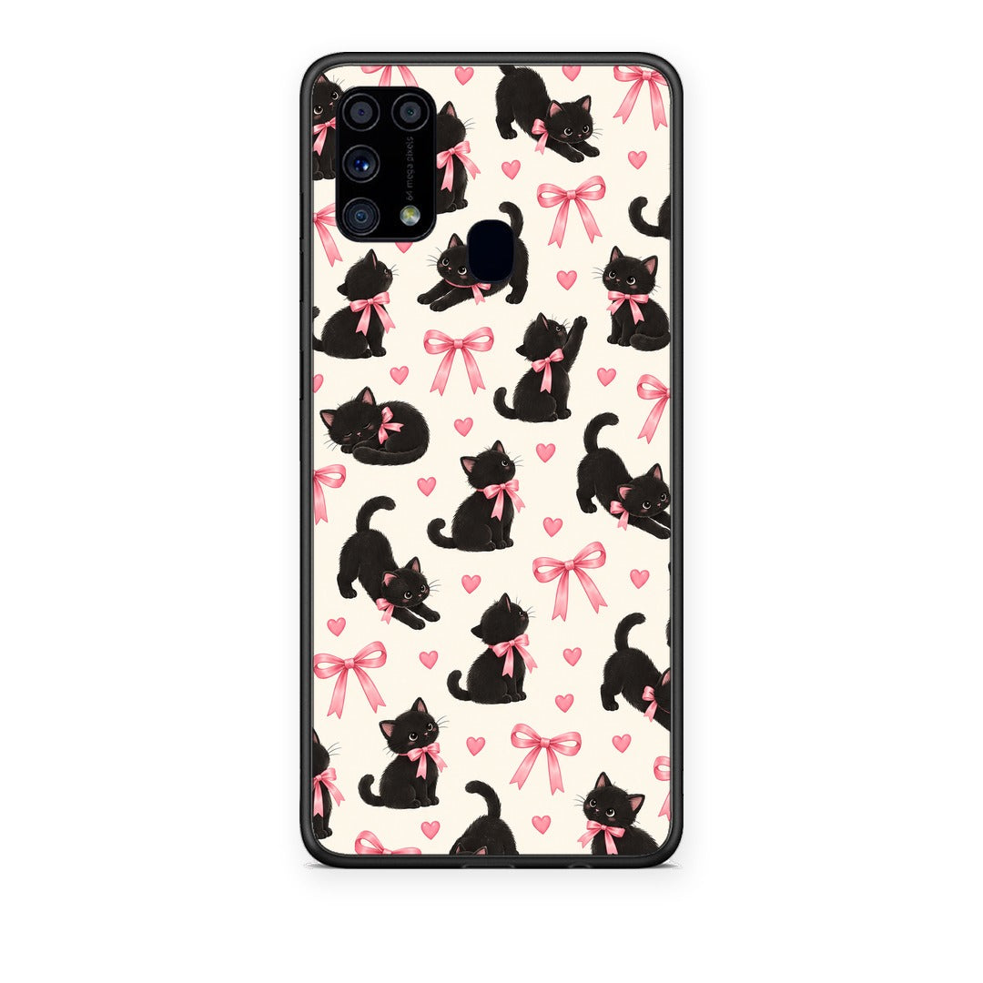 Θήκη Samsung Galaxy M31 Black Kittens and Pink Bows on Cream Small από τη Smartfits με σχέδιο στο πίσω μέρος και μαύρο περίβλημα | Samsung Galaxy M31 Black Kittens and Pink Bows on Cream Small case with colorful back and black bezels