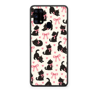 Θήκη Samsung Galaxy M31 Black Kittens and Pink Bows on Cream Small από τη Smartfits με σχέδιο στο πίσω μέρος και μαύρο περίβλημα | Samsung Galaxy M31 Black Kittens and Pink Bows on Cream Small case with colorful back and black bezels
