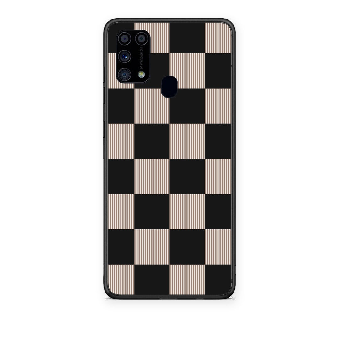 Θήκη Samsung Galaxy M31 Black and Taupe Striped Checks από τη Smartfits με σχέδιο στο πίσω μέρος και μαύρο περίβλημα | Samsung Galaxy M31 Black and Taupe Striped Checks case with colorful back and black bezels