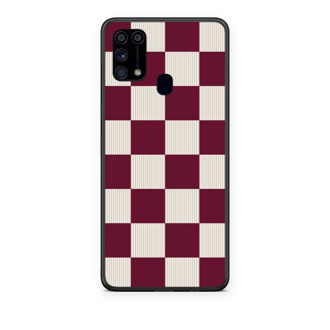 Θήκη Samsung Galaxy M31 Burgundy and Cream Striped Checks από τη Smartfits με σχέδιο στο πίσω μέρος και μαύρο περίβλημα | Samsung Galaxy M31 Burgundy and Cream Striped Checks case with colorful back and black bezels