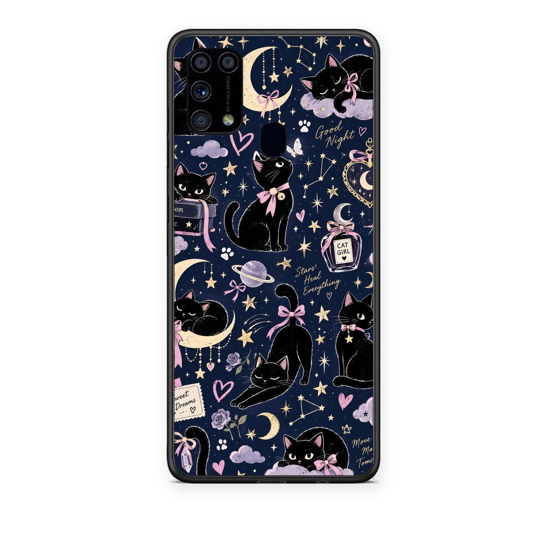 Θήκη Samsung Galaxy M31 Celestial Black Cats on Navy από τη Smartfits με σχέδιο στο πίσω μέρος και μαύρο περίβλημα | Samsung Galaxy M31 Celestial Black Cats on Navy case with colorful back and black bezels