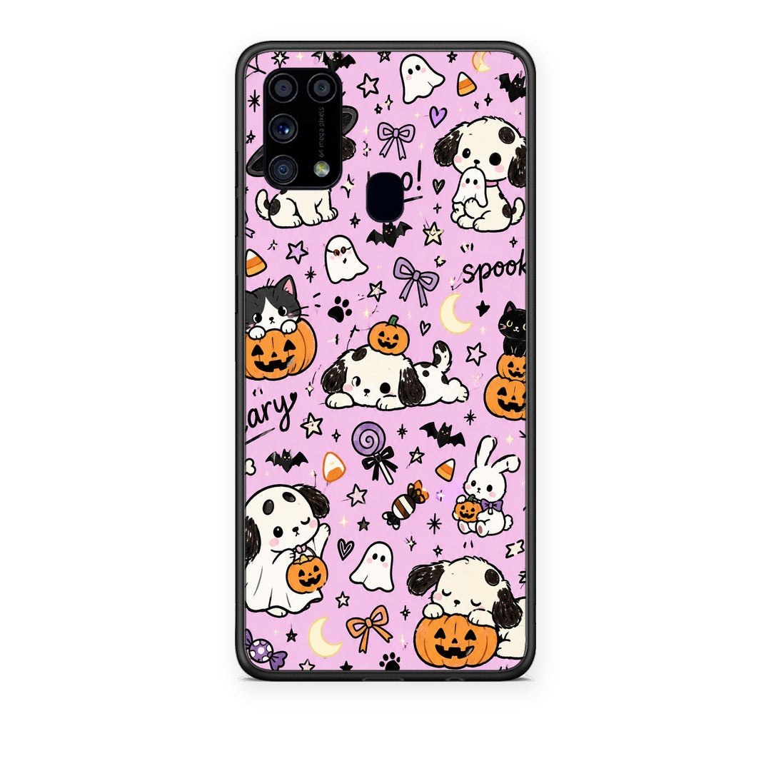 Θήκη Samsung Galaxy M31 Halloween Puppies and Friends on Lilac από τη Smartfits με σχέδιο στο πίσω μέρος και μαύρο περίβλημα | Samsung Galaxy M31 Halloween Puppies and Friends on Lilac case with colorful back and black bezels