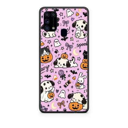 Θήκη Samsung Galaxy M31 Halloween Puppies and Friends on Lilac από τη Smartfits με σχέδιο στο πίσω μέρος και μαύρο περίβλημα | Samsung Galaxy M31 Halloween Puppies and Friends on Lilac case with colorful back and black bezels