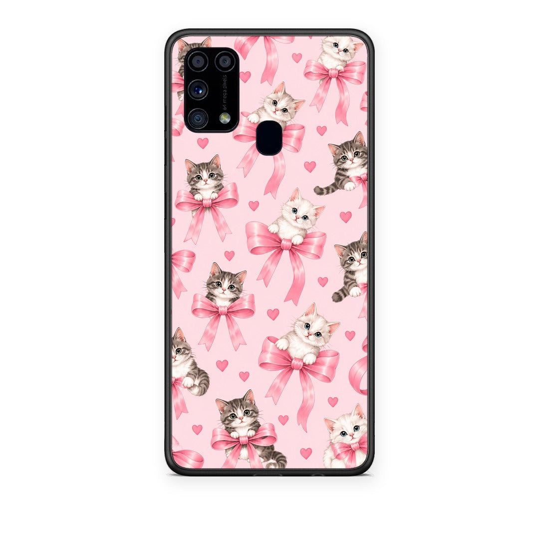 Θήκη Samsung Galaxy M31 Kittens and Pink Bows on Pink από τη Smartfits με σχέδιο στο πίσω μέρος και μαύρο περίβλημα | Samsung Galaxy M31 Kittens and Pink Bows on Pink case with colorful back and black bezels
