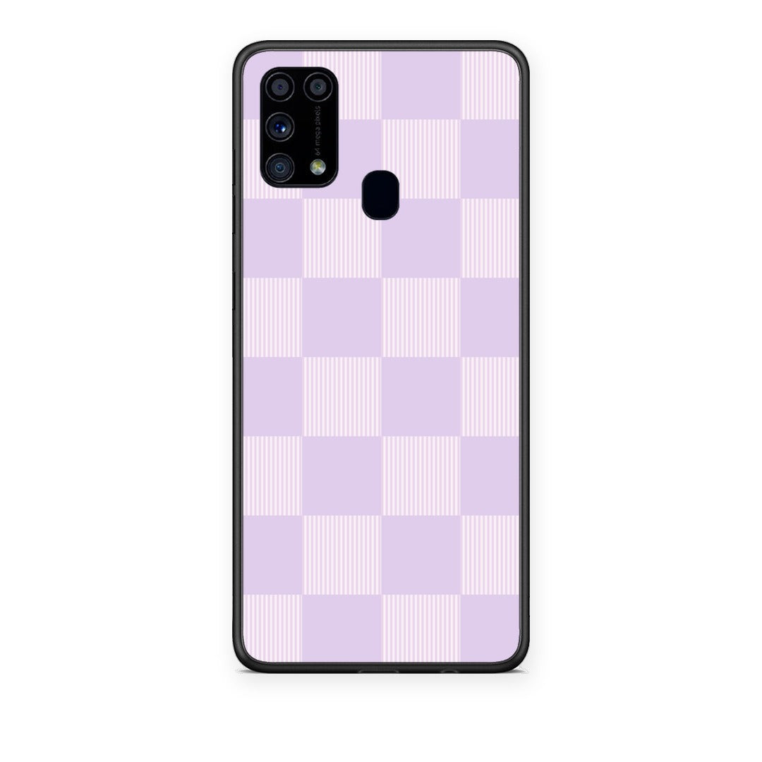 Θήκη Samsung Galaxy M31 Lilac and Cream Striped Checks από τη Smartfits με σχέδιο στο πίσω μέρος και μαύρο περίβλημα | Samsung Galaxy M31 Lilac and Cream Striped Checks case with colorful back and black bezels