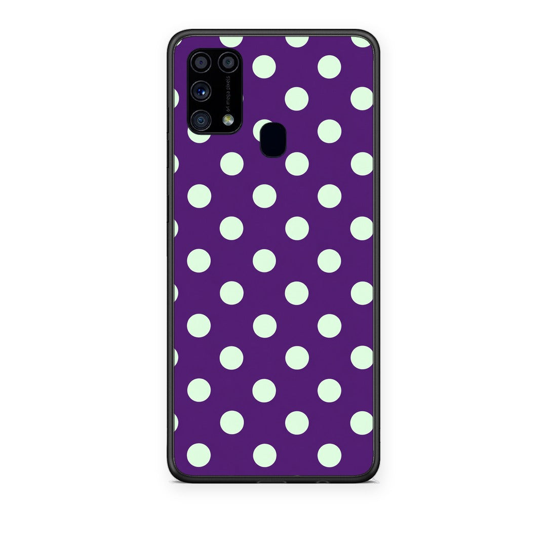 Θήκη Samsung Galaxy M31 Mint Polka Dots on Purple από τη Smartfits με σχέδιο στο πίσω μέρος και μαύρο περίβλημα | Samsung Galaxy M31 Mint Polka Dots on Purple case with colorful back and black bezels