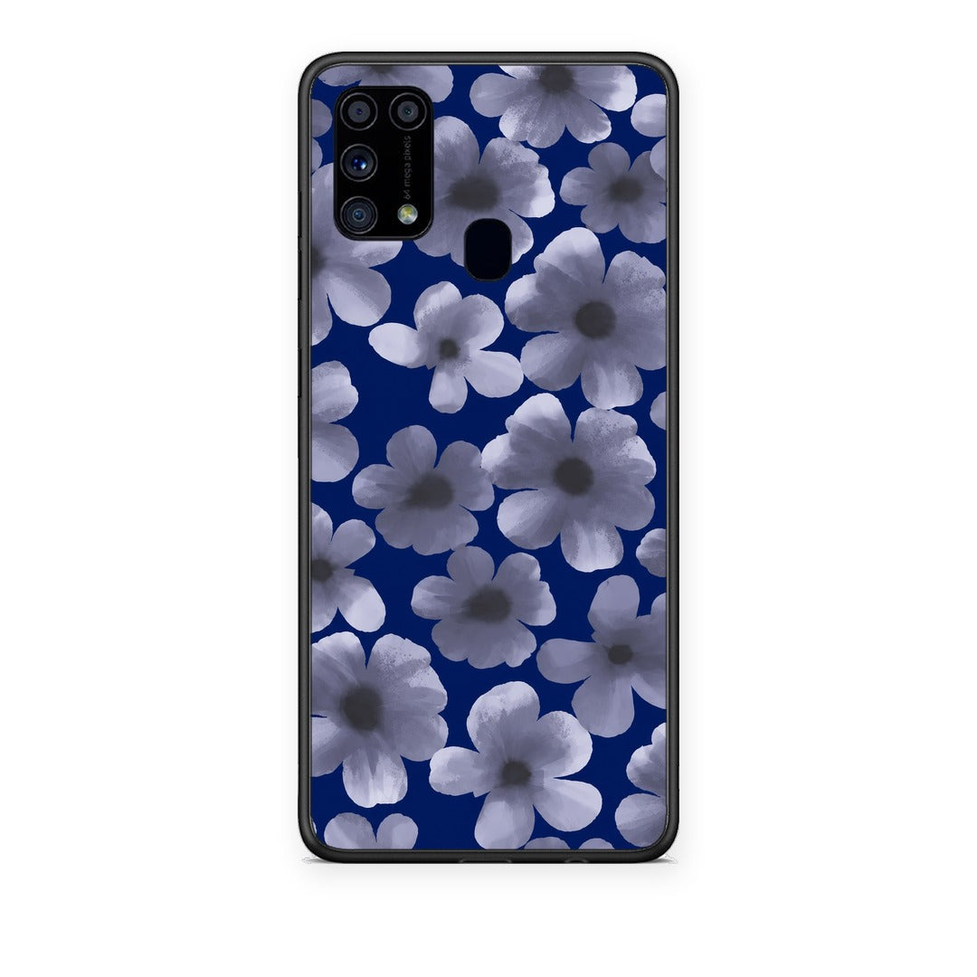 Θήκη Samsung Galaxy M31 Pale Blue Flowers on Navy από τη Smartfits με σχέδιο στο πίσω μέρος και μαύρο περίβλημα | Samsung Galaxy M31 Pale Blue Flowers on Navy case with colorful back and black bezels