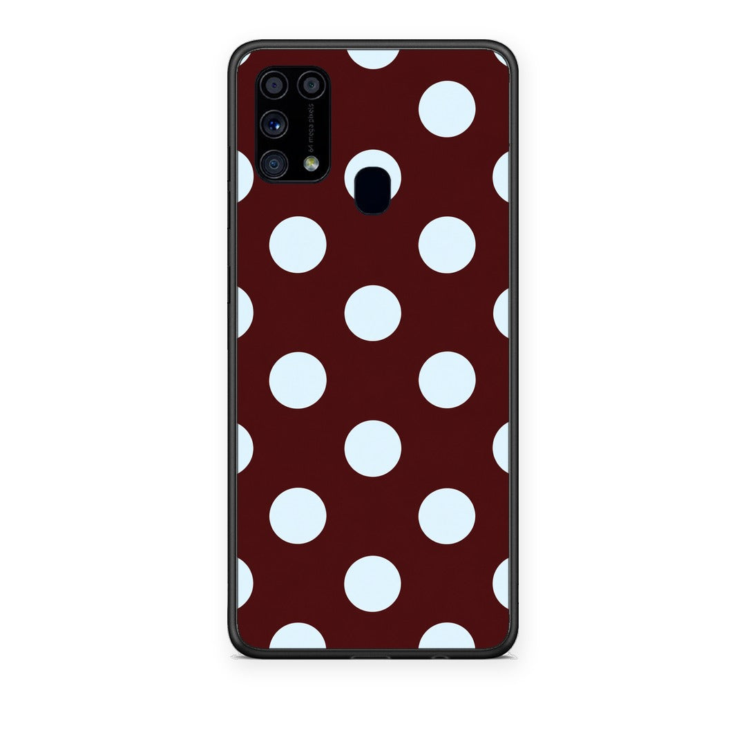 Θήκη Samsung Galaxy M31 Pale Blue Large Polka Dots on Burgundy από τη Smartfits με σχέδιο στο πίσω μέρος και μαύρο περίβλημα | Samsung Galaxy M31 Pale Blue Large Polka Dots on Burgundy case with colorful back and black bezels