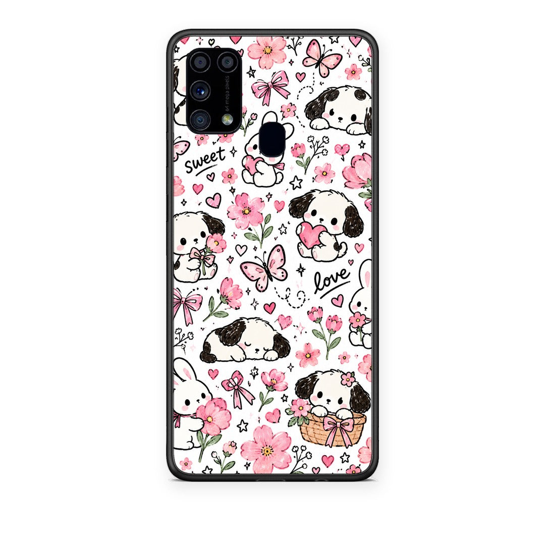 Θήκη Samsung Galaxy M31 Pink Florals Puppies and Bunnies on White από τη Smartfits με σχέδιο στο πίσω μέρος και μαύρο περίβλημα | Samsung Galaxy M31 Pink Florals Puppies and Bunnies on White case with colorful back and black bezels