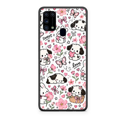 Θήκη Samsung Galaxy M31 Pink Florals Puppies and Bunnies on White από τη Smartfits με σχέδιο στο πίσω μέρος και μαύρο περίβλημα | Samsung Galaxy M31 Pink Florals Puppies and Bunnies on White case with colorful back and black bezels
