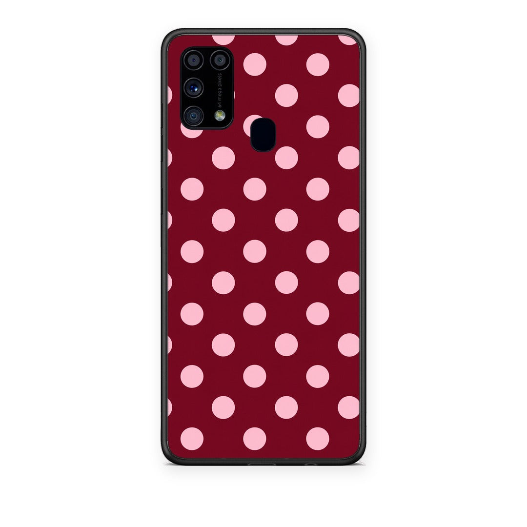 Θήκη Samsung Galaxy M31 Pink Polka Dots on Burgundy από τη Smartfits με σχέδιο στο πίσω μέρος και μαύρο περίβλημα | Samsung Galaxy M31 Pink Polka Dots on Burgundy case with colorful back and black bezels