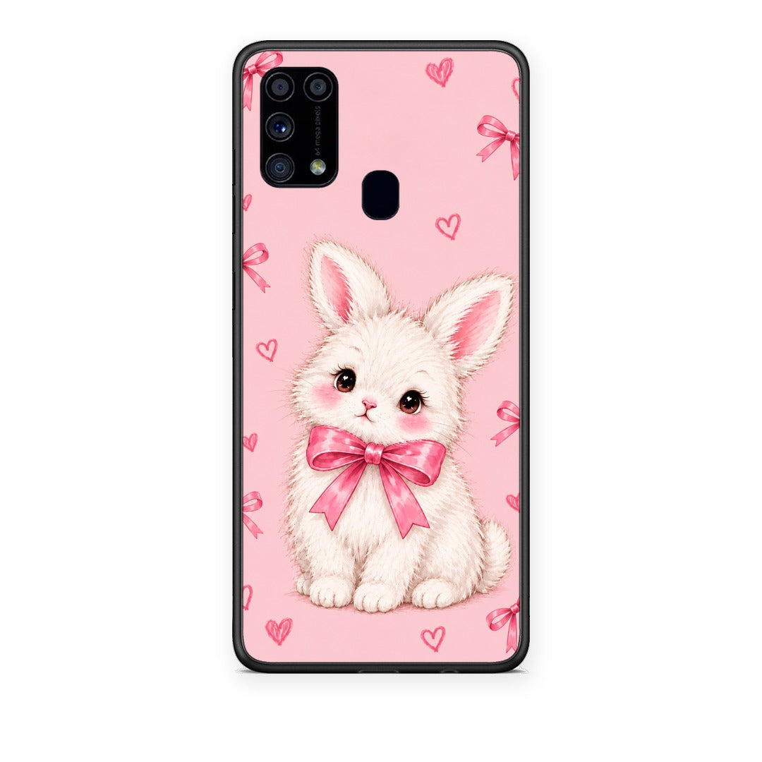 Θήκη Samsung Galaxy M31 White Bunny and Pink Bows από τη Smartfits με σχέδιο στο πίσω μέρος και μαύρο περίβλημα | Samsung Galaxy M31 White Bunny and Pink Bows case with colorful back and black bezels