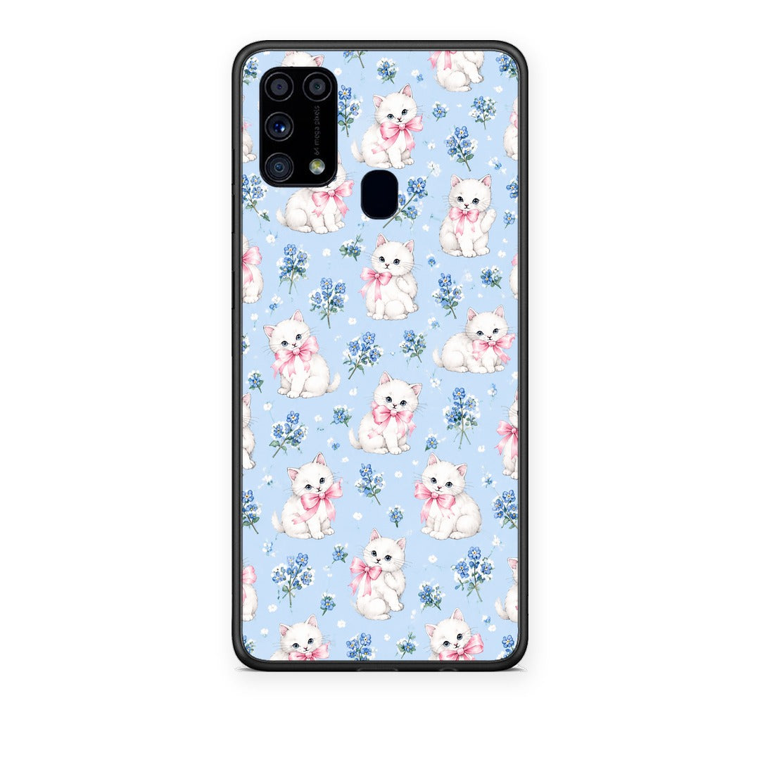 Θήκη Samsung Galaxy M31 White Kittens and Blue Flowers Small από τη Smartfits με σχέδιο στο πίσω μέρος και μαύρο περίβλημα | Samsung Galaxy M31 White Kittens and Blue Flowers Small case with colorful back and black bezels