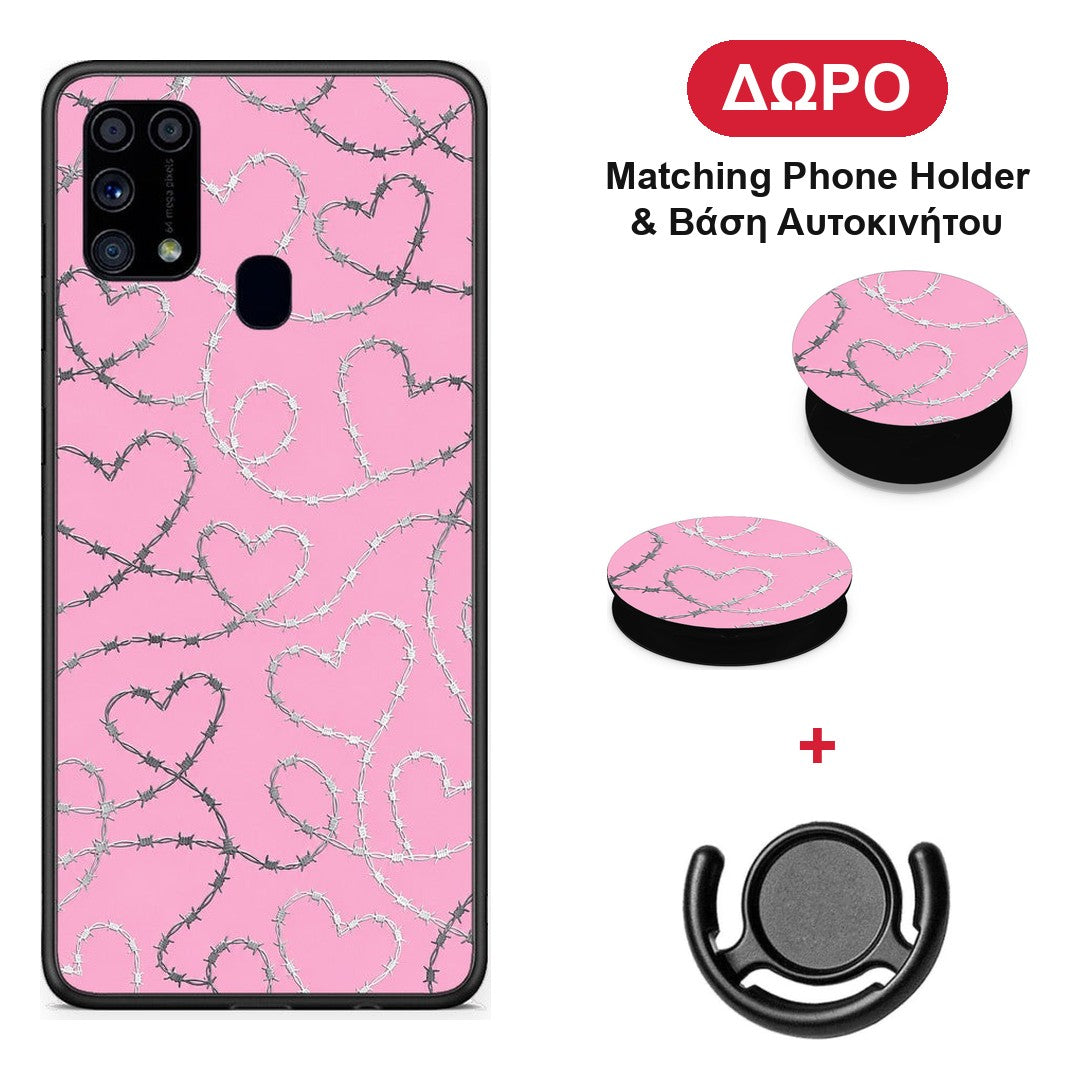 Barbed Wire Hearts on Pink - Samsung Galaxy M31 θήκη + Δώρο Phone Holder & Βάση Αυτοκινήτου