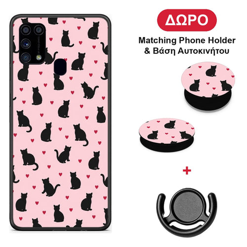 Black Cat Silhouettes and Hearts on Pink - Samsung Galaxy M31 θήκη + Δώρο Phone Holder & Βάση Αυτοκινήτου