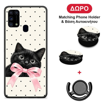 Black Kitten Pink Bow and Polka Dots - Samsung Galaxy M31 θήκη + Δώρο Phone Holder & Βάση Αυτοκινήτου