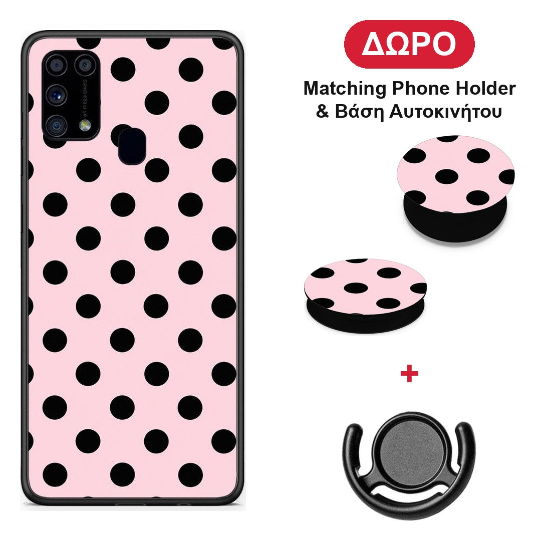 Black Polka Dots on Pink - Samsung Galaxy M31 θήκη + Δώρο Phone Holder & Βάση Αυτοκινήτου