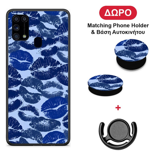 Blue Lipstick Kisses - Samsung Galaxy M31 θήκη + Δώρο Phone Holder & Βάση Αυτοκινήτου