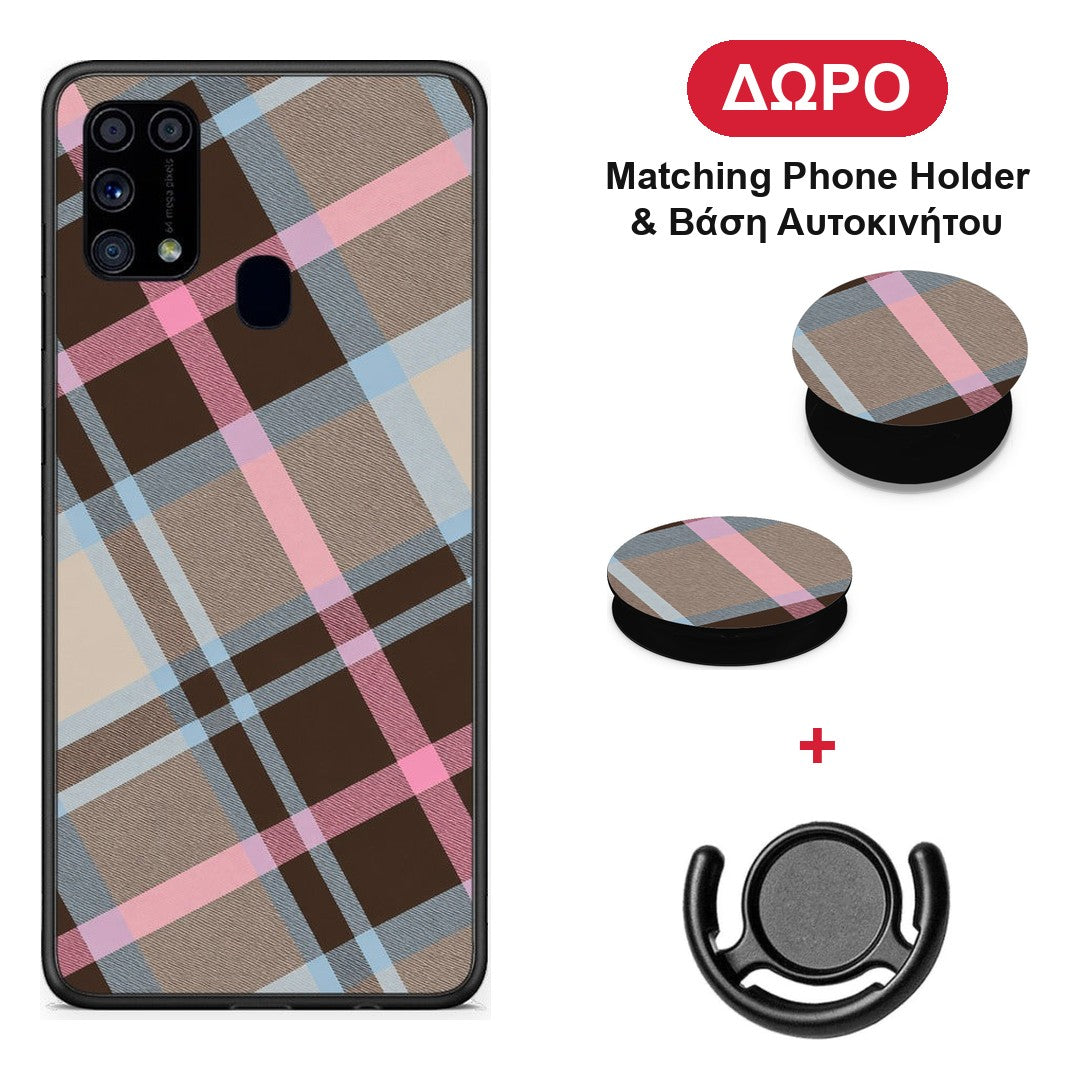 Brown Pink and Blue Diagonal Plaid - Samsung Galaxy M31 θήκη + Δώρο Phone Holder & Βάση Αυτοκινήτου