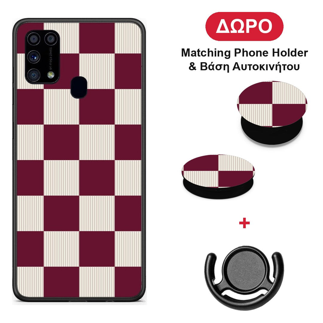 Burgundy and Cream Striped Checks - Samsung Galaxy M31 θήκη + Δώρο Phone Holder & Βάση Αυτοκινήτου