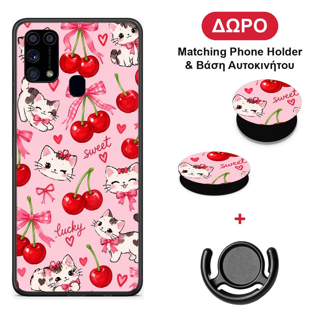 Cherries Bows and Kittens on Pink - Samsung Galaxy M31 θήκη + Δώρο Phone Holder & Βάση Αυτοκινήτου