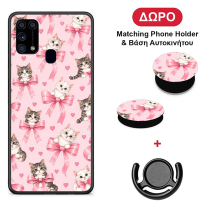 Kittens and Pink Bows on Pink - Samsung Galaxy M31 θήκη + Δώρο Phone Holder & Βάση Αυτοκινήτου