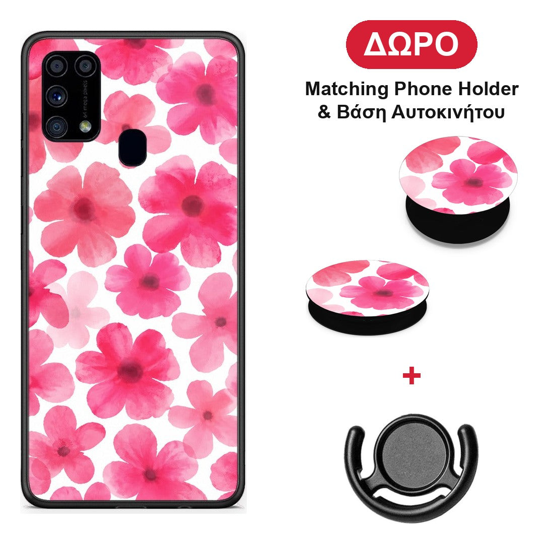 Pink Watercolour Flowers on White - Samsung Galaxy M31 θήκη + Δώρο Phone Holder & Βάση Αυτοκινήτου