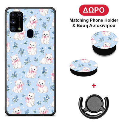 White Kittens and Blue Flowers Small - Samsung Galaxy M31 θήκη + Δώρο Phone Holder & Βάση Αυτοκινήτου