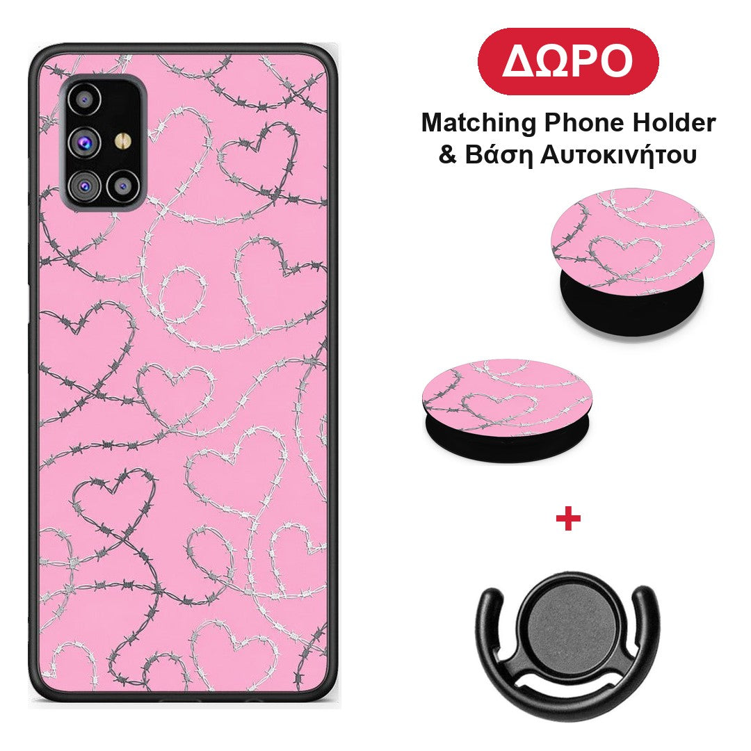 Barbed Wire Hearts on Pink - Samsung Galaxy M31s θήκη + Δώρο Phone Holder & Βάση Αυτοκινήτου
