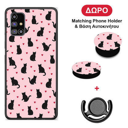 Black Cat Silhouettes and Hearts on Pink - Samsung Galaxy M31s θήκη + Δώρο Phone Holder & Βάση Αυτοκινήτου