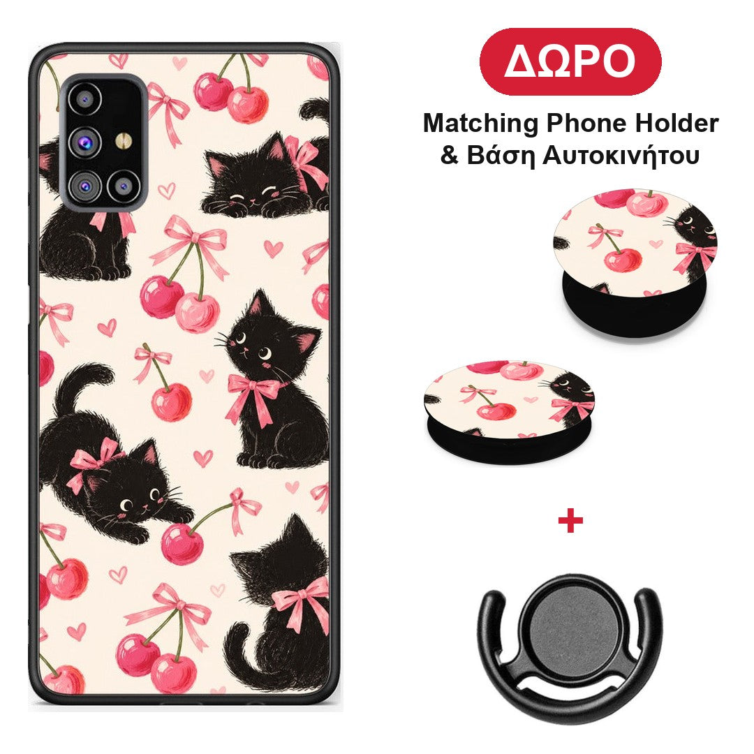 Black Kittens and Cherries on Cream - Samsung Galaxy M31s θήκη + Δώρο Phone Holder & Βάση Αυτοκινήτου