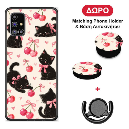 Black Kittens and Cherries on Cream - Samsung Galaxy M31s θήκη + Δώρο Phone Holder & Βάση Αυτοκινήτου