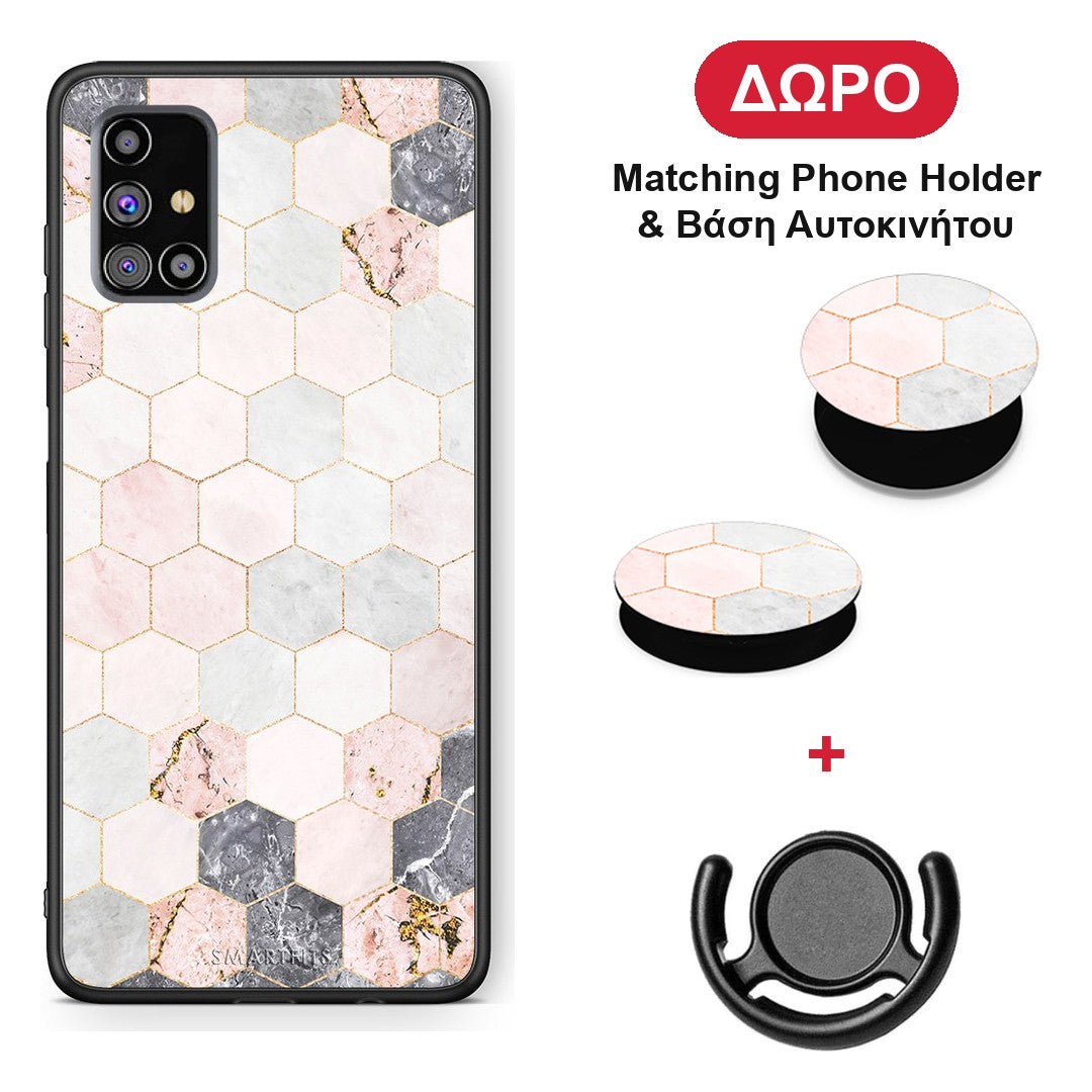Marble Hexagon Pink - Samsung Galaxy M31s θήκη + Δώρο Phone Holder & Βάση Αυτοκινήτου