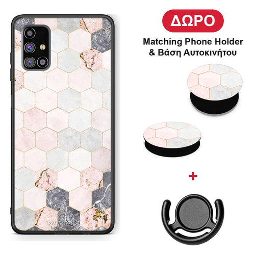 Marble Hexagon Pink - Samsung Galaxy M31s θήκη + Δώρο Phone Holder & Βάση Αυτοκινήτου