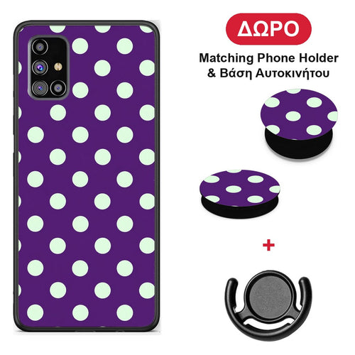 Mint Polka Dots on Purple - Samsung Galaxy M31s θήκη + Δώρο Phone Holder & Βάση Αυτοκινήτου