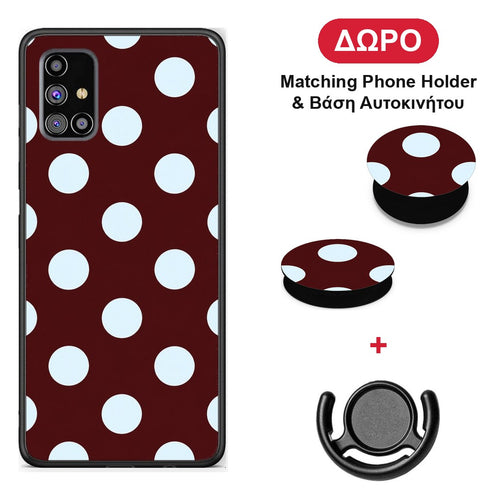 Pale Blue Large Polka Dots on Burgundy - Samsung Galaxy M31s θήκη + Δώρο Phone Holder & Βάση Αυτοκινήτου