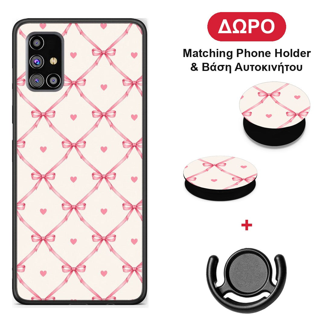 Pink Bow Lattice and Hearts on Cream - Samsung Galaxy M31s θήκη + Δώρο Phone Holder & Βάση Αυτοκινήτου