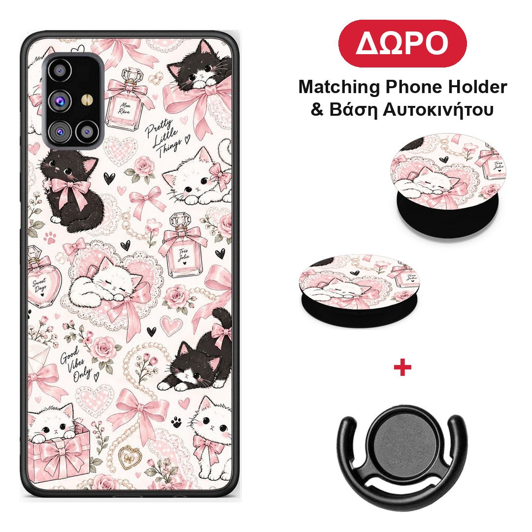 Pink Bows and Kittens Collage - Samsung Galaxy M31s θήκη + Δώρο Phone Holder & Βάση Αυτοκινήτου