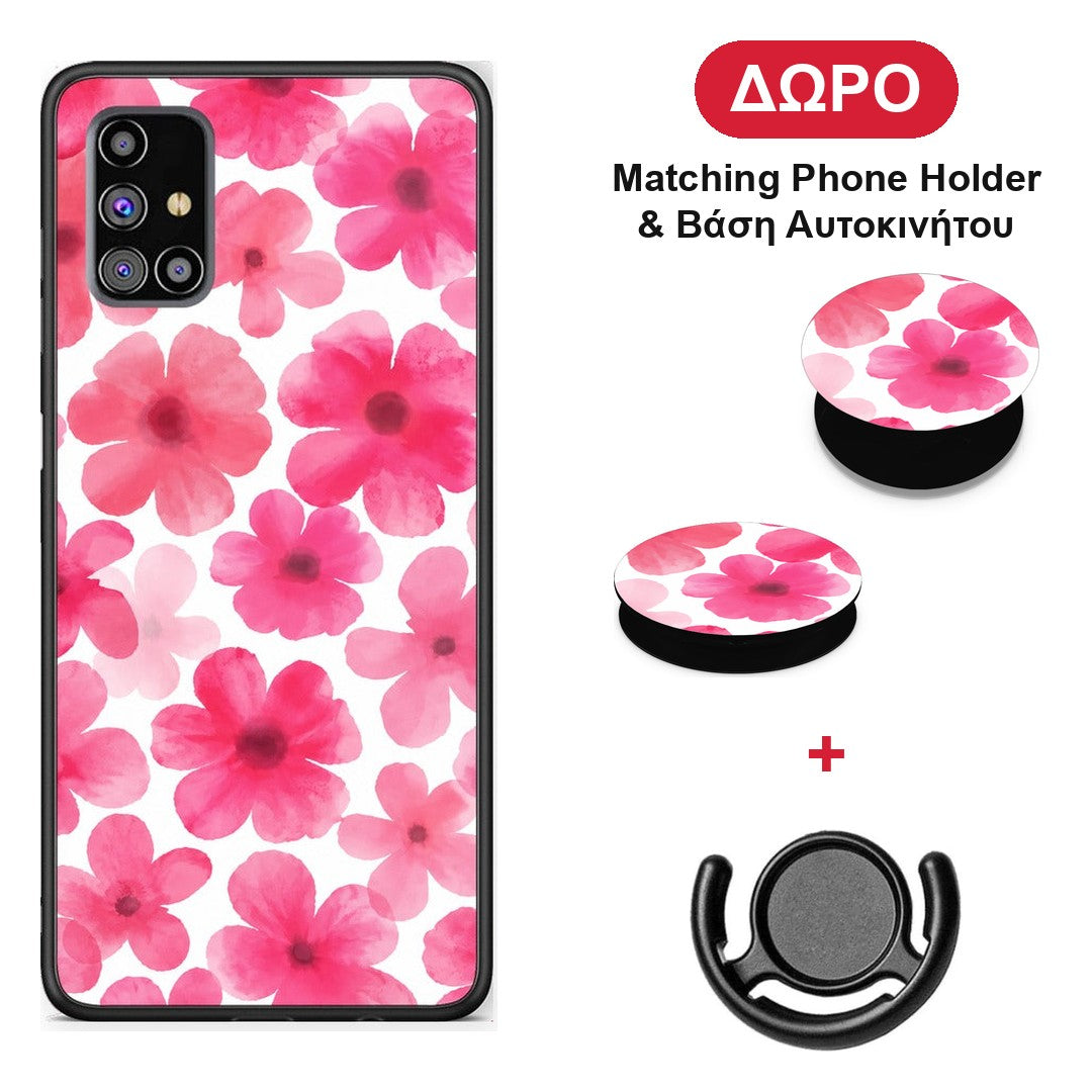 Pink Watercolour Flowers on White - Samsung Galaxy M31s θήκη + Δώρο Phone Holder & Βάση Αυτοκινήτου