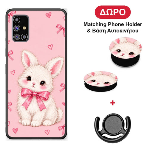 White Bunny and Pink Bows - Samsung Galaxy M31s θήκη + Δώρο Phone Holder & Βάση Αυτοκινήτου