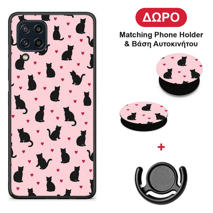 Black Cat Silhouettes and Hearts on Pink - Samsung Galaxy M32 4G / M22 θήκη + Δώρο Phone Holder & Βάση Αυτοκινήτου