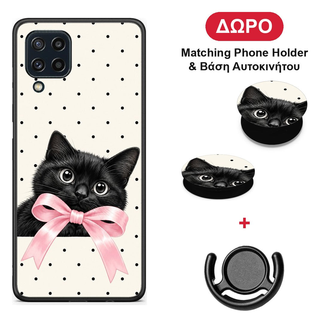 Black Kitten Pink Bow and Polka Dots - Samsung Galaxy M32 4G / M22 θήκη + Δώρο Phone Holder & Βάση Αυτοκινήτου