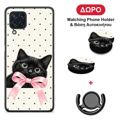Black Kitten Pink Bow and Polka Dots - Samsung Galaxy M32 4G / M22 θήκη + Δώρο Phone Holder & Βάση Αυτοκινήτου