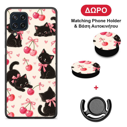 Black Kittens and Cherries on Cream - Samsung Galaxy M32 4G / M22 θήκη + Δώρο Phone Holder & Βάση Αυτοκινήτου